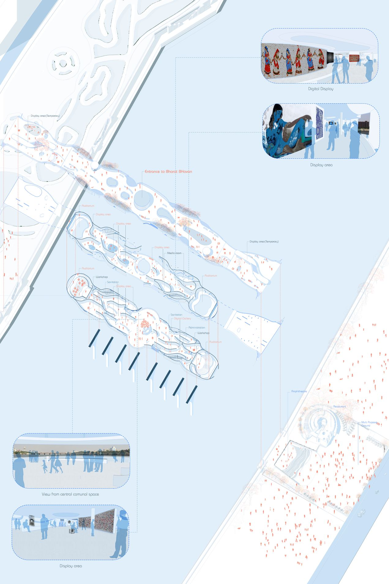 Revealing the spatial organization of galleries, auditoriums, and communal areas within the bridge.
