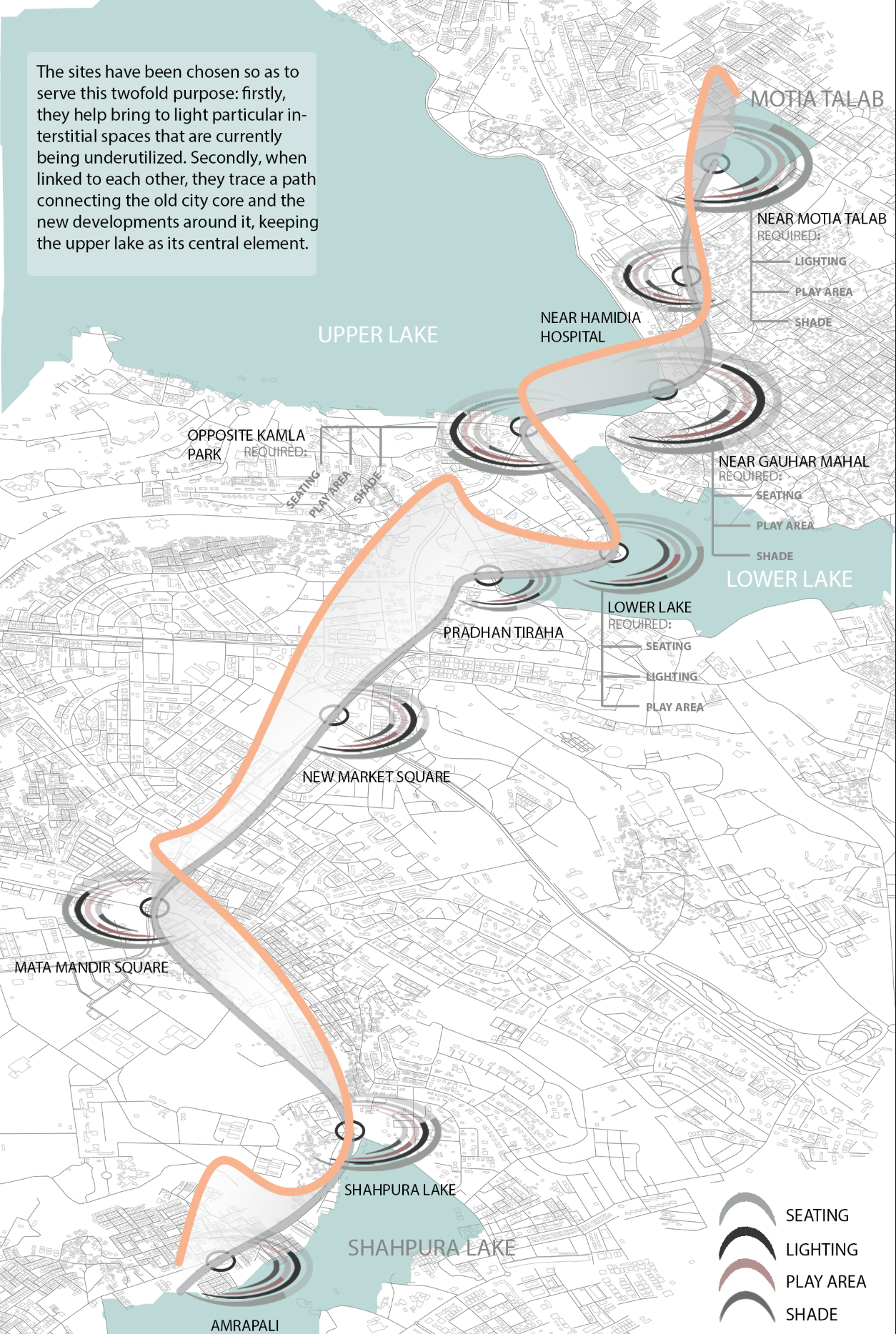 Connecting Old and New Bhopal through a continuous path of inclusive urban public space architecture along the lakes.