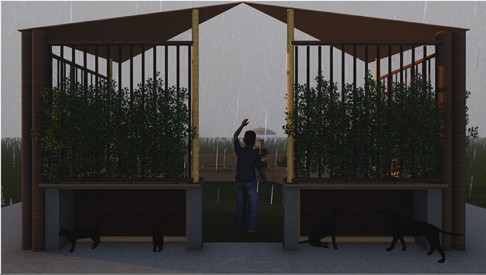 Symmetrical elevation of two timber-framed modules with hanging planters and a person standing between them at dusk