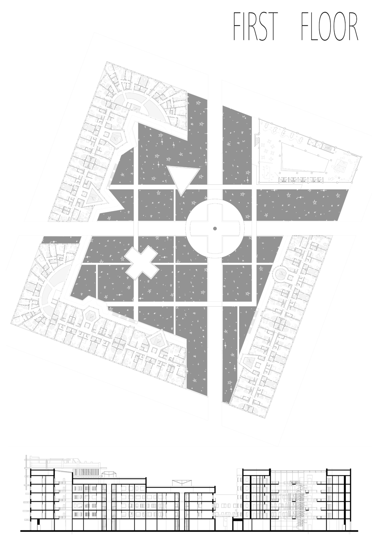 First floor plan and elevation drawings depicting the planted roof zones with white circulation paths between them