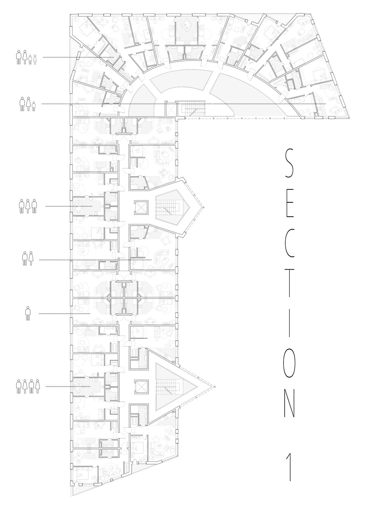 Section plan showing one residential wing with a curved bay at the northern end and scale figures