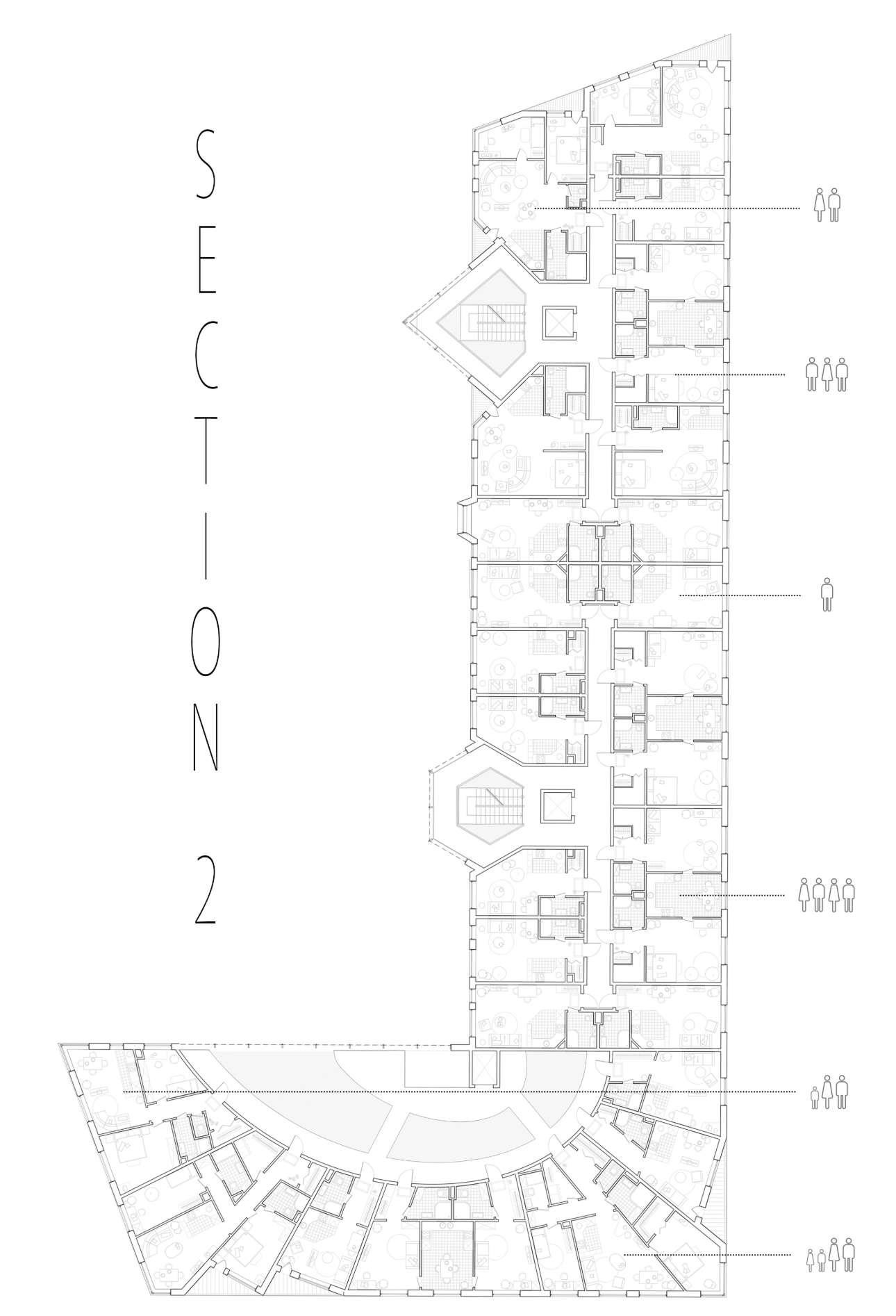 Section plan showing paired residential wings meeting at the curved southern courtyard with annotated occupancy groups