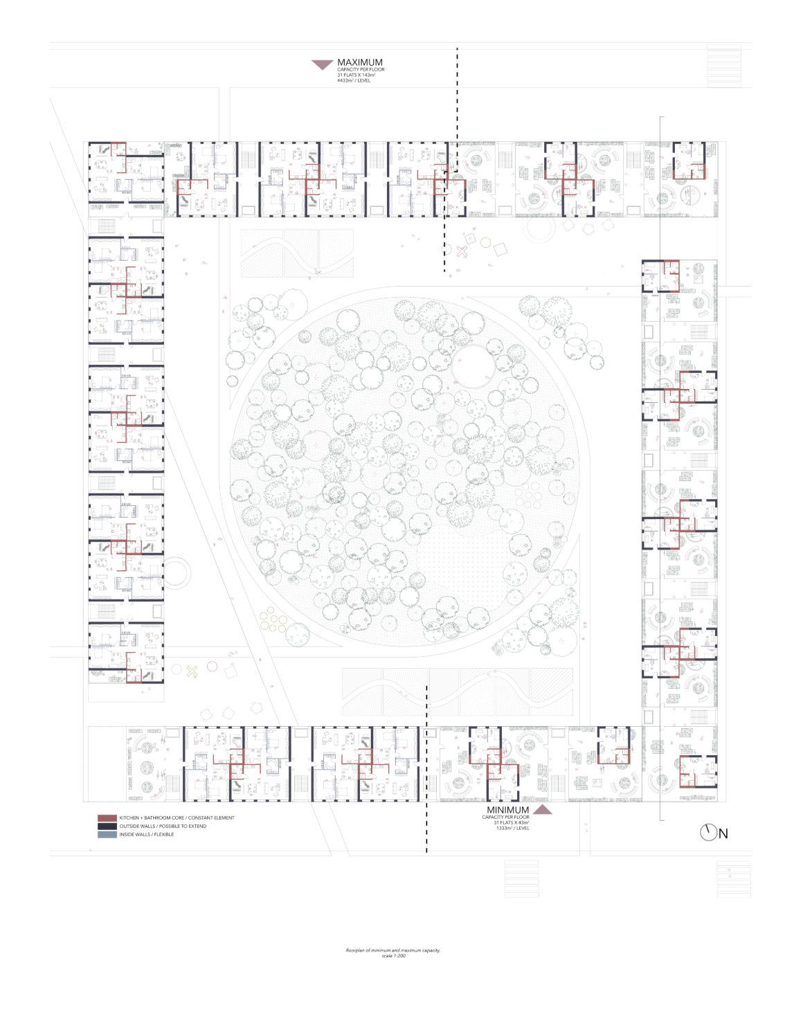 Floor plan illustrating minimum and maximum residential layouts around the courtyard.