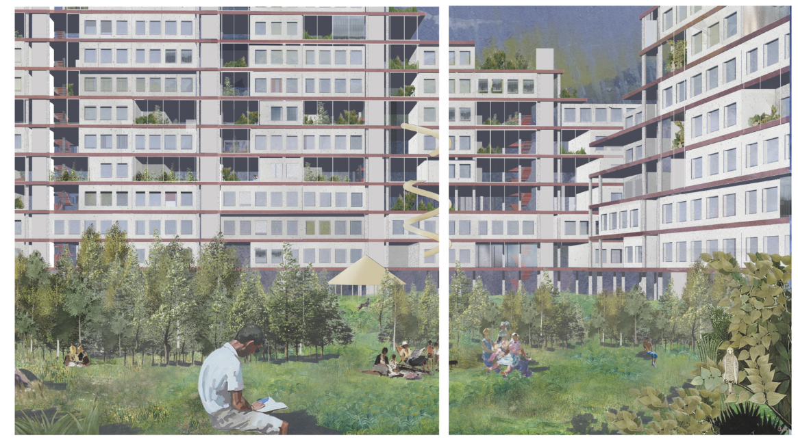 Residential façade with layered balconies overlooking the shared green.