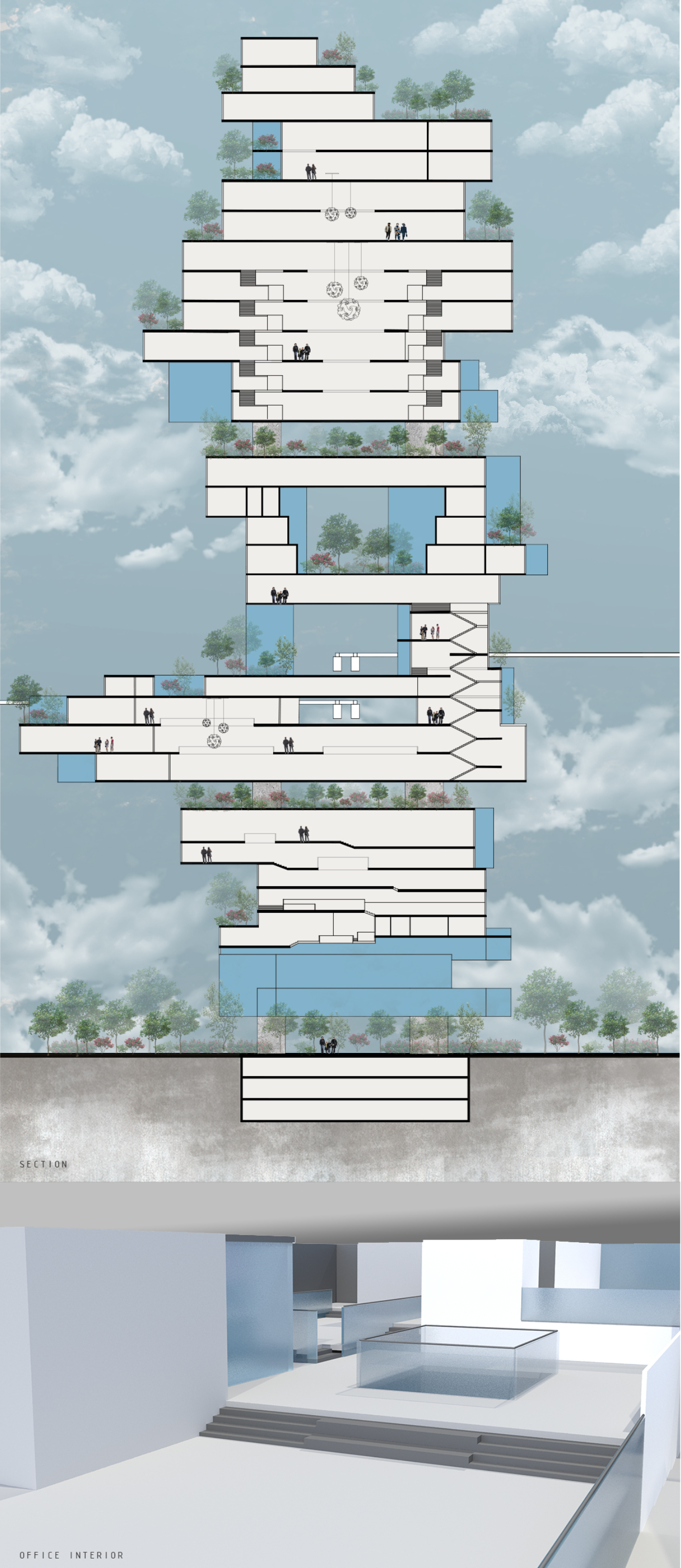 Sectional view showcasing dynamic floor variations, vertical circulation, and integrated sky gardens.