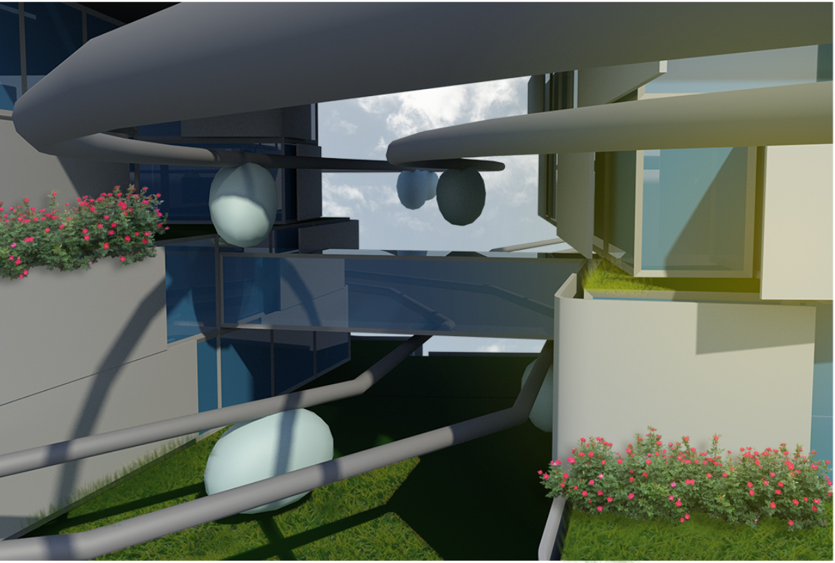 Mid-level skybridge corridors connecting programs through elevated transit tubes.