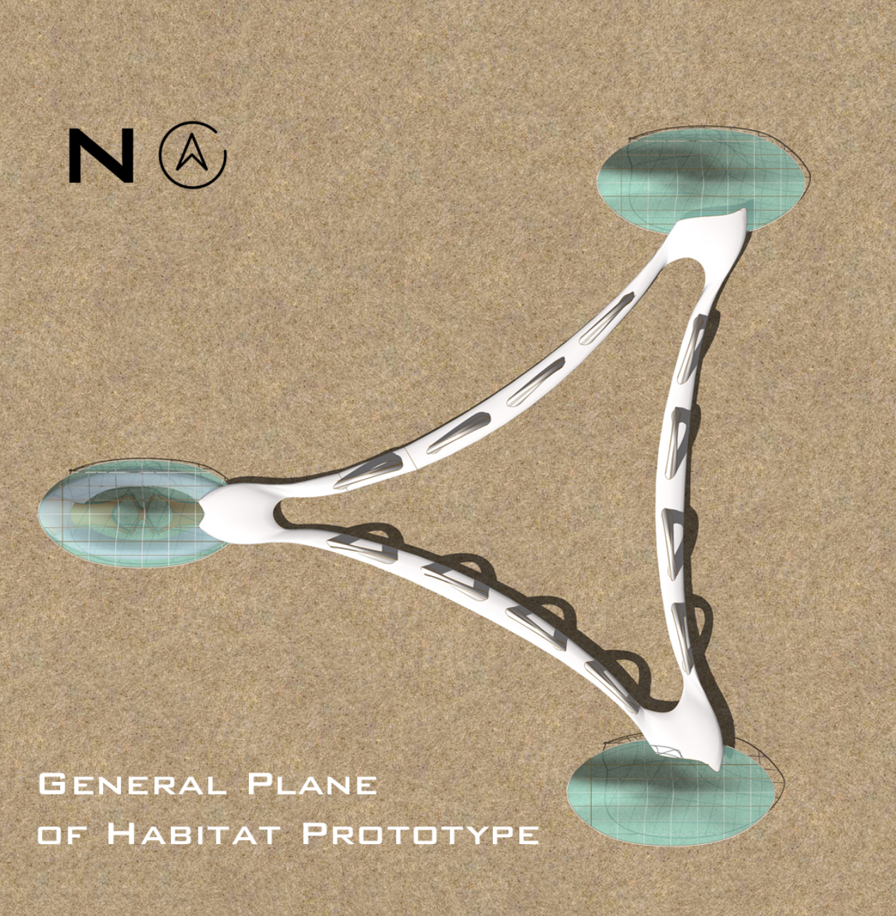 A top-view diagram of the Klein-bottle-inspired habitat prototype showcasing its tri-node structural network and desert-adaptive spatial geometry.