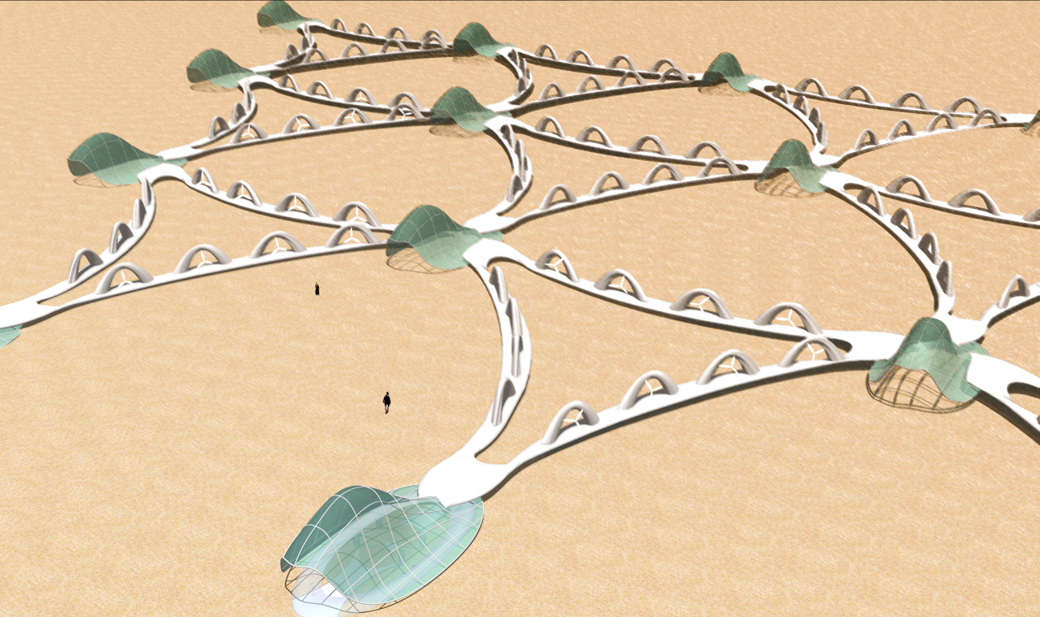 A perspective view of the expanded settlement system, displaying a network of interconnected Klein units across the desert surface.