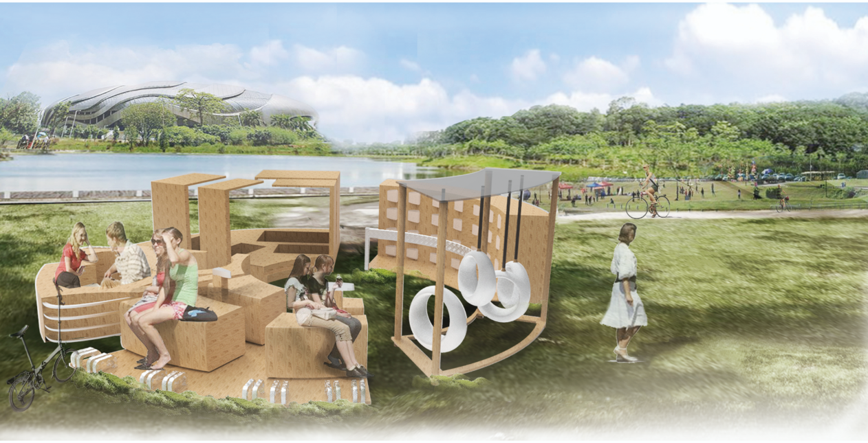 Top-down perspective of the “Life Stage” configuration showing seating, shade, and activity modules in harmony.