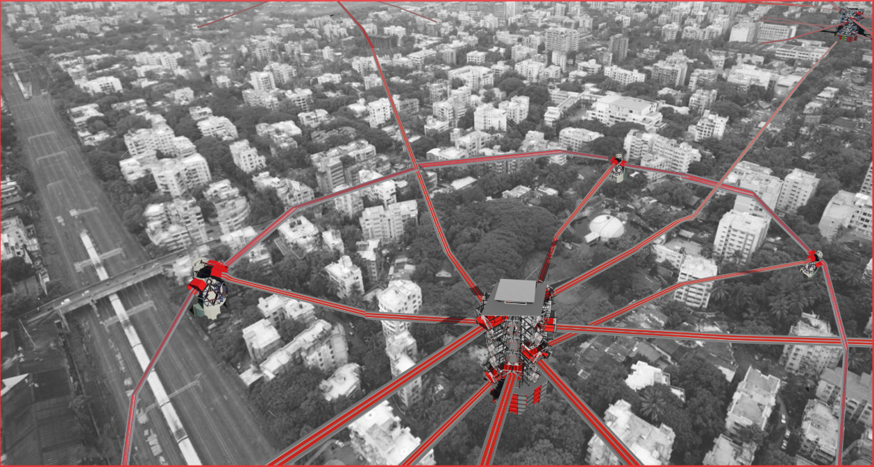 Aerial visualization of interconnected maglev lines linking major urban nodes through the Modular Maglev Transit System.