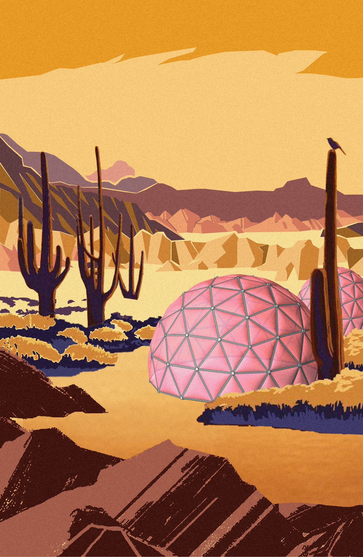 Movable geodesic dome adapting to desert contours and microclimates.