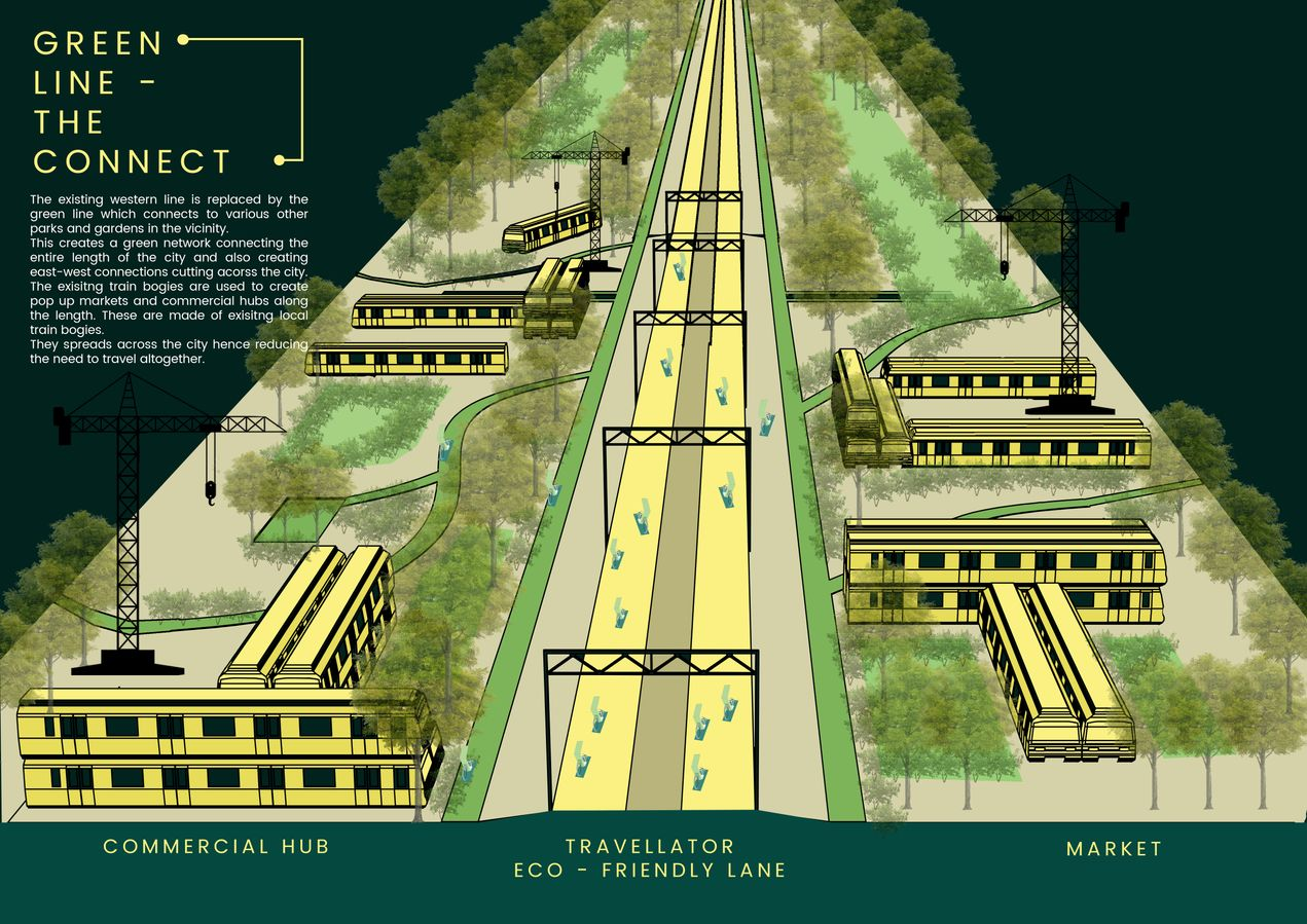 Aerial perspective drawing showing commercial buildings beside a transit corridor with overhead gantries