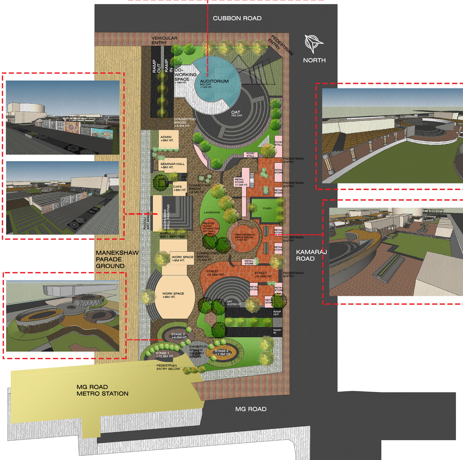 A vibrant urban fabric interlinking co-working spaces, galleries, workshops, and plazas across the Parade Ground.