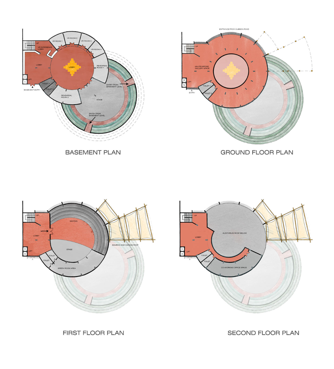From basement to rooftop, circular layouts integrate immersive VR zones and flexible co-working spaces.