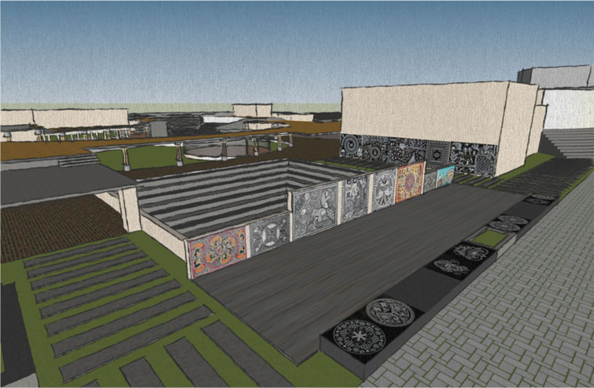 A pedestrian promenade lined with dynamic Madhubani and Warli art walls that evolve with community participation.