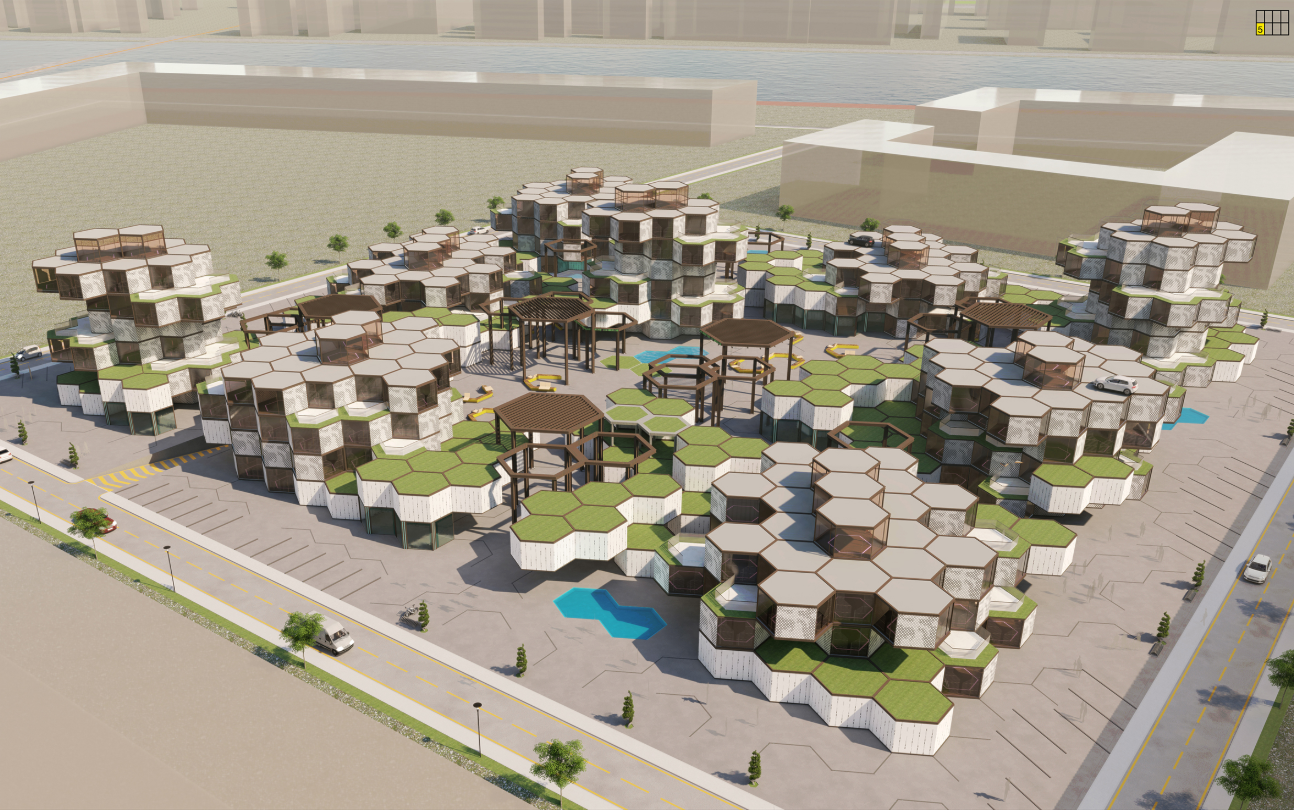 A modular co-living landscape formed by stacked hexagonal units, creating a flexible and interconnected urban habitat.