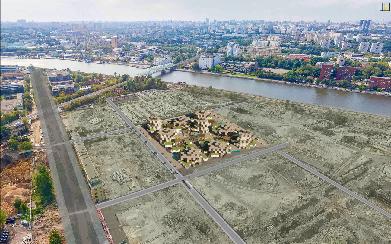 Co-Hub embedded into the urban fabric, demonstrating its scalable, site-adaptable architectural system.