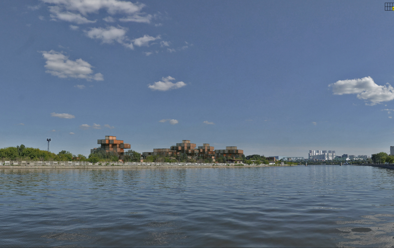A calm waterfront skyline where clustered residential modules rise organically above the green edge.