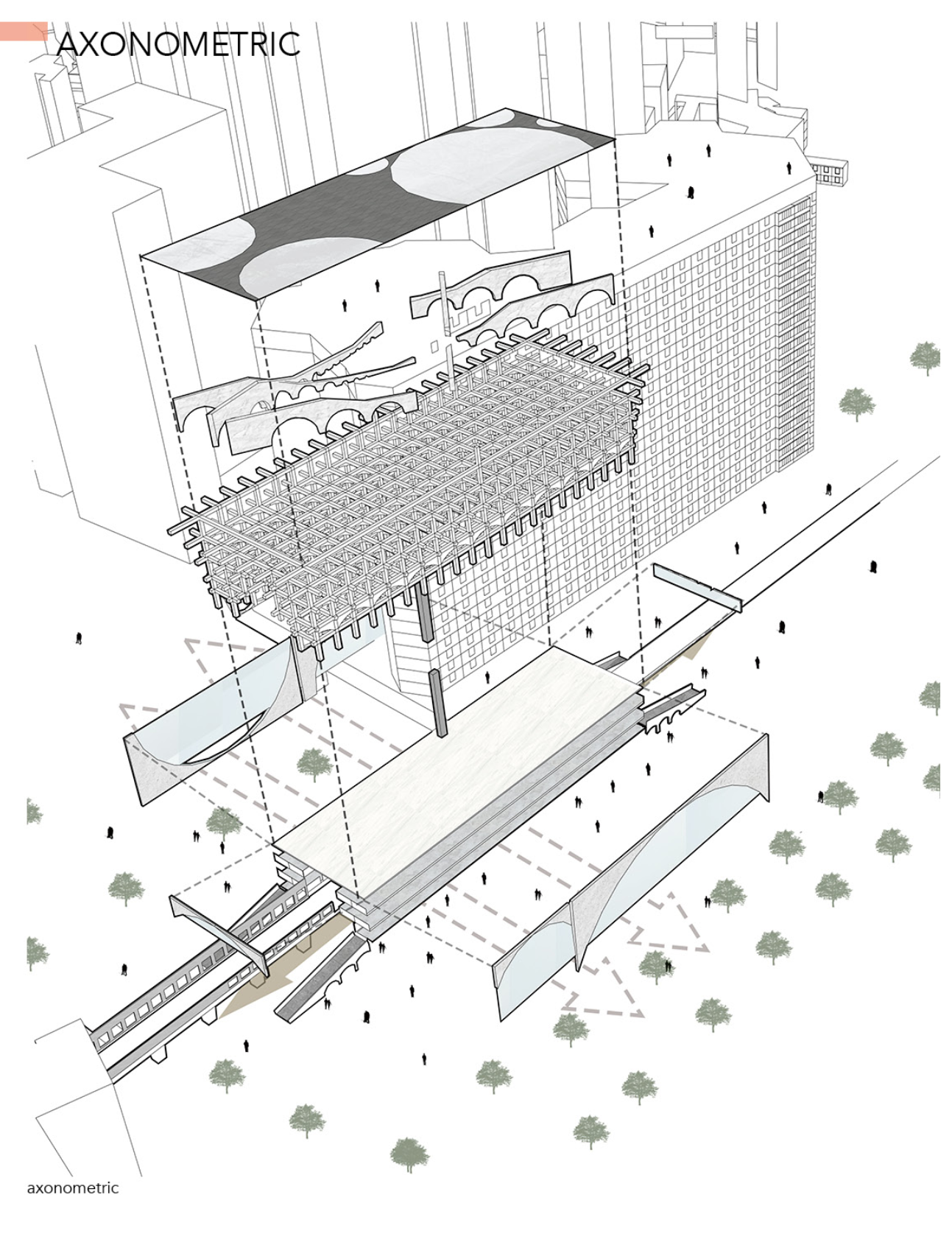 Layered mobility system integrating pedestrian, vehicular, and metro circulation within a unified structural grid.