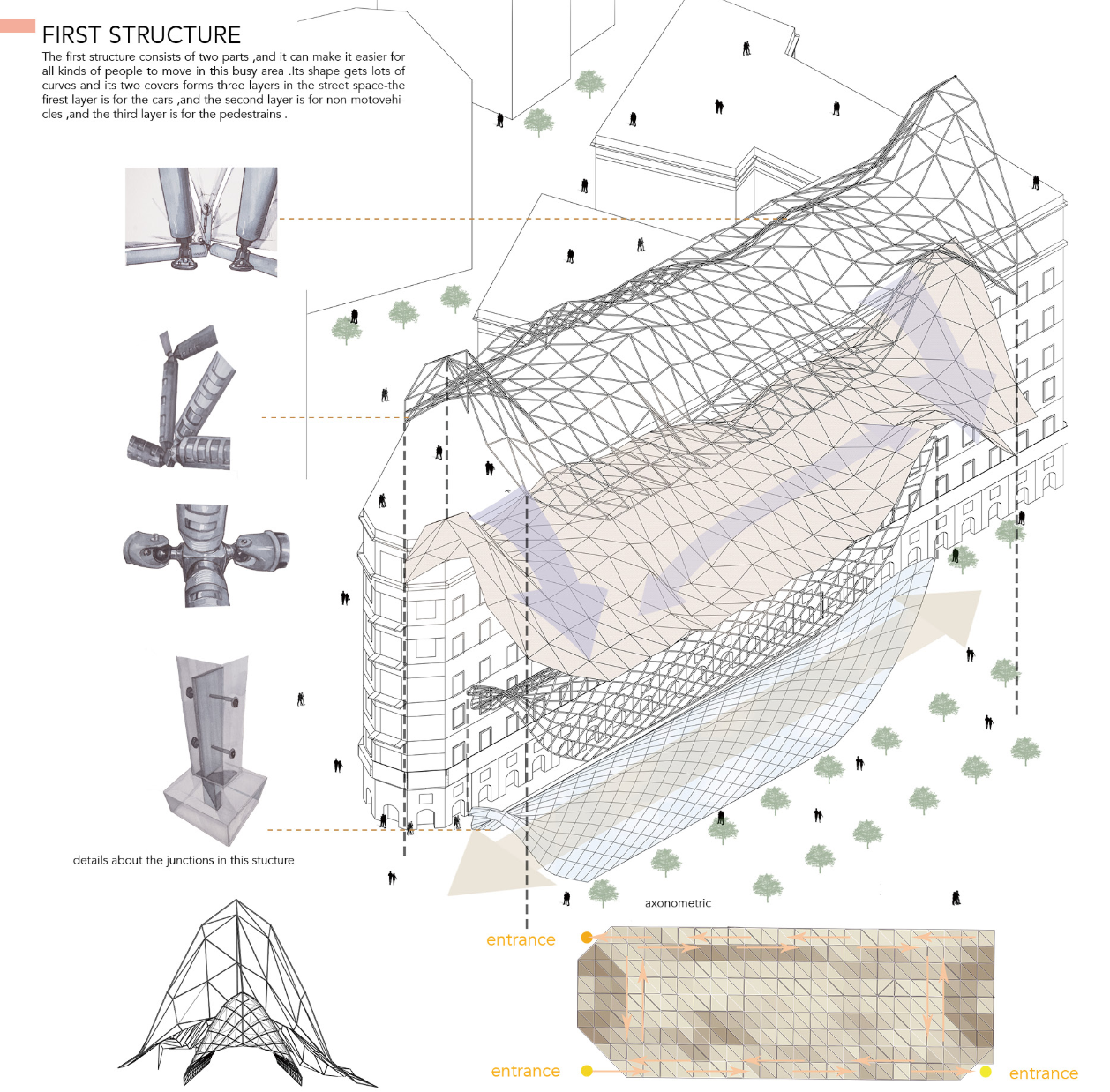 Parametric canopy connecting building façades and public ground, redefining the relationship between movement and form.
