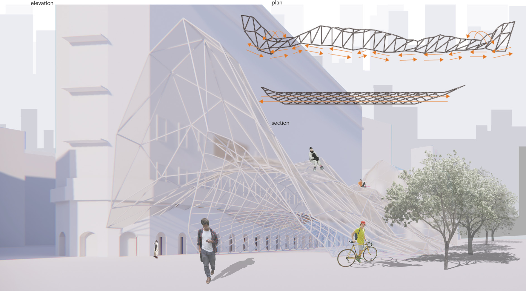 Dynamic urban interface where the woven steel canopy invites pedestrians, cyclists, and skaters to engage the structure.