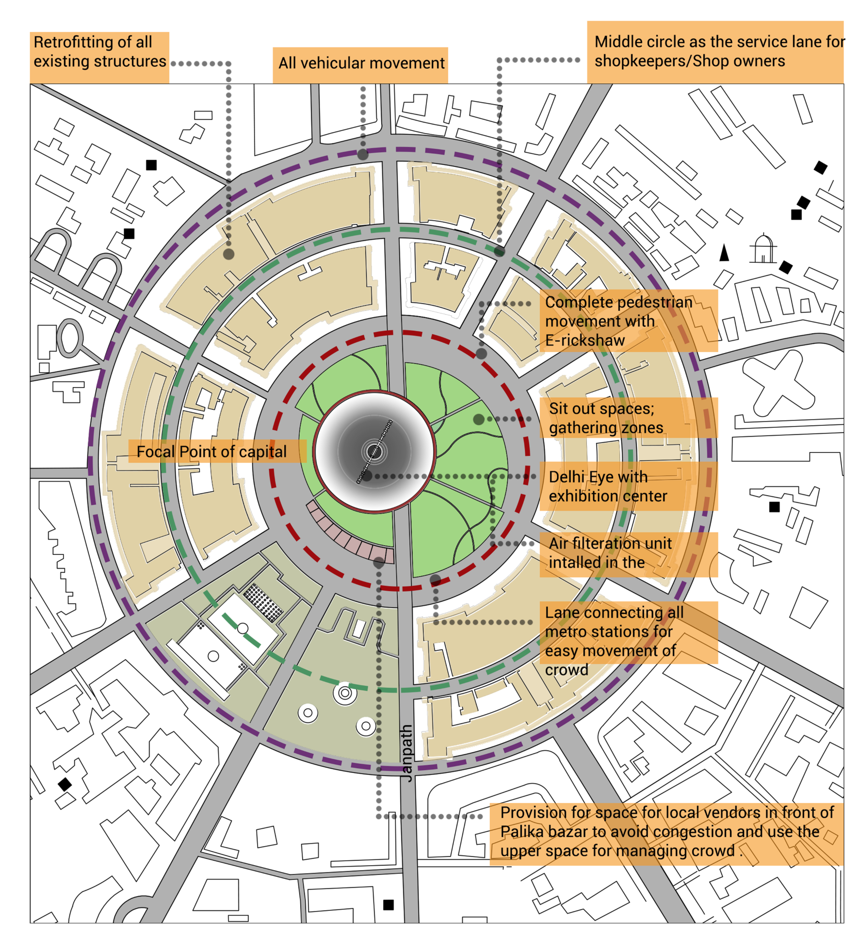 A strategic redesign of Connaught Place highlighting pedestrian zones, circulation loops, and improved public spaces.