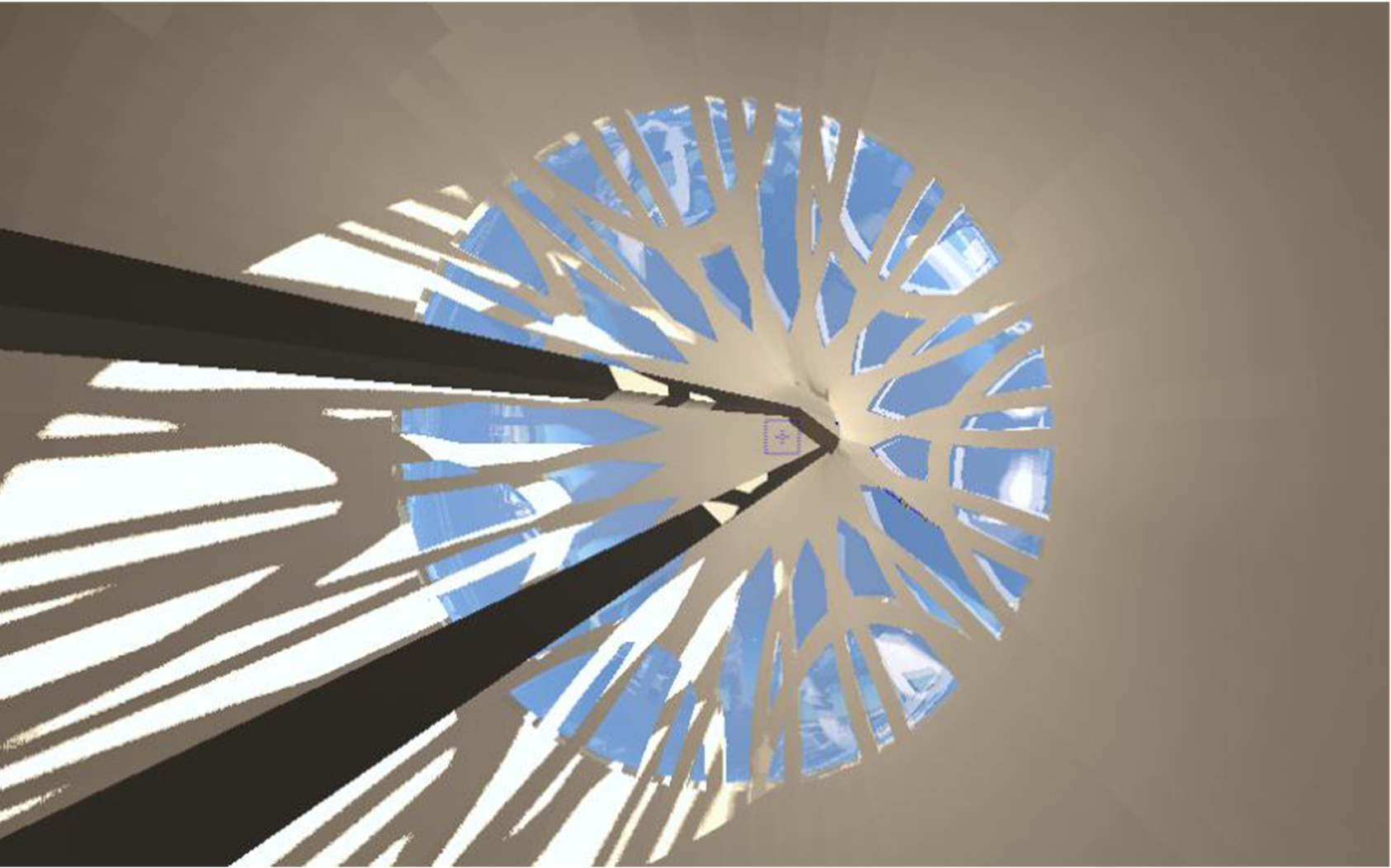 A dramatic view from inside the tower revealing skylight openings and patterned structural geometry.