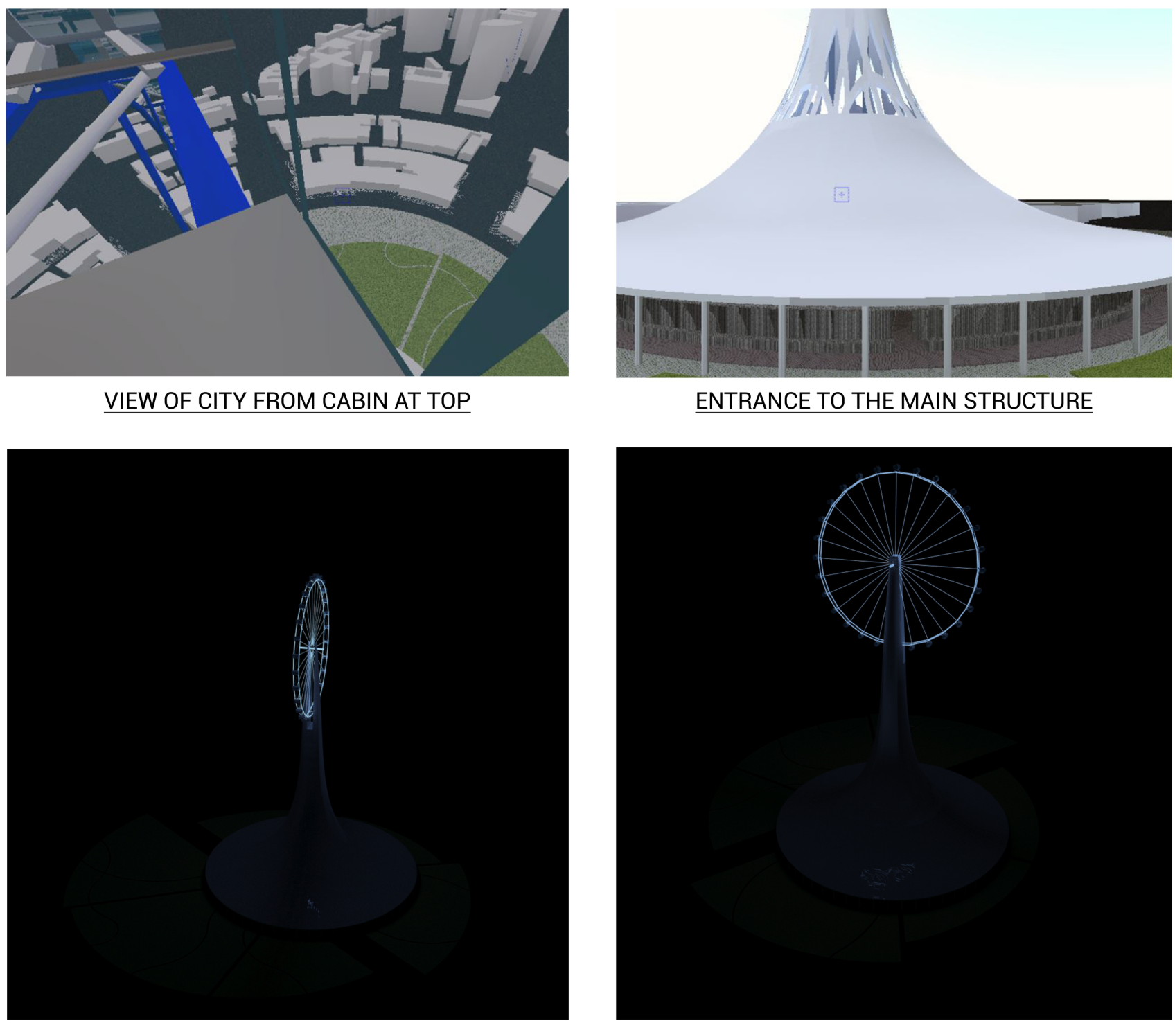 Panoramic cityscape from the viewing cabin and the inviting entrance façade of the proposed structure.