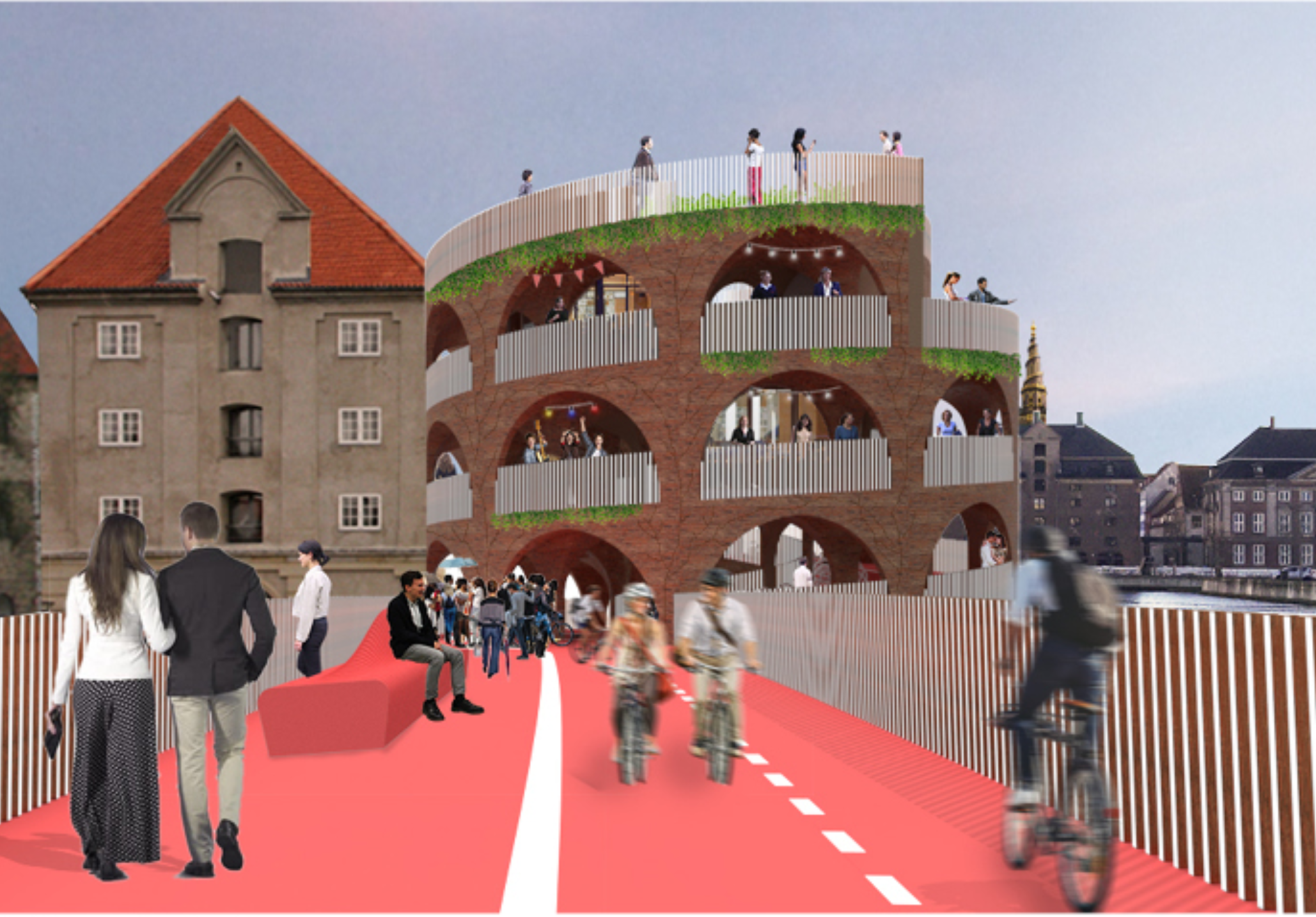 A dynamic circulation route where pedestrians, cyclists, and visitors share an elevated urban street.