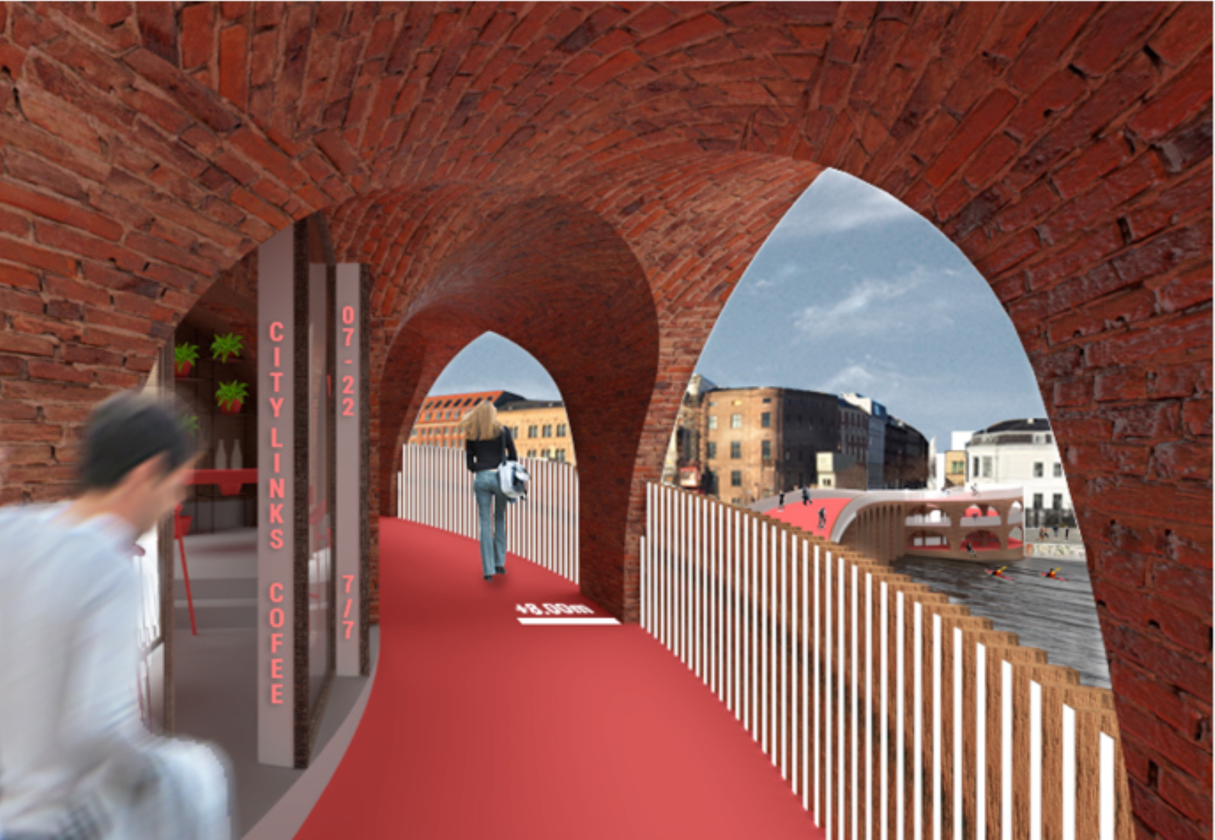 Brick vaults frame a warm pedestrian corridor activated by cafés and micro-shops.