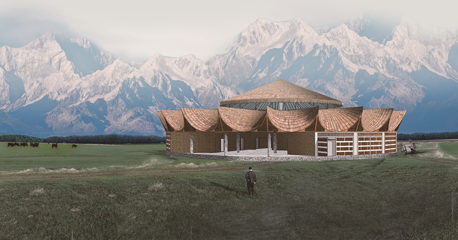 The permanent storage and community dining structure framed against the Himalayan landscape, designed to support seasonal pilgrimage needs.