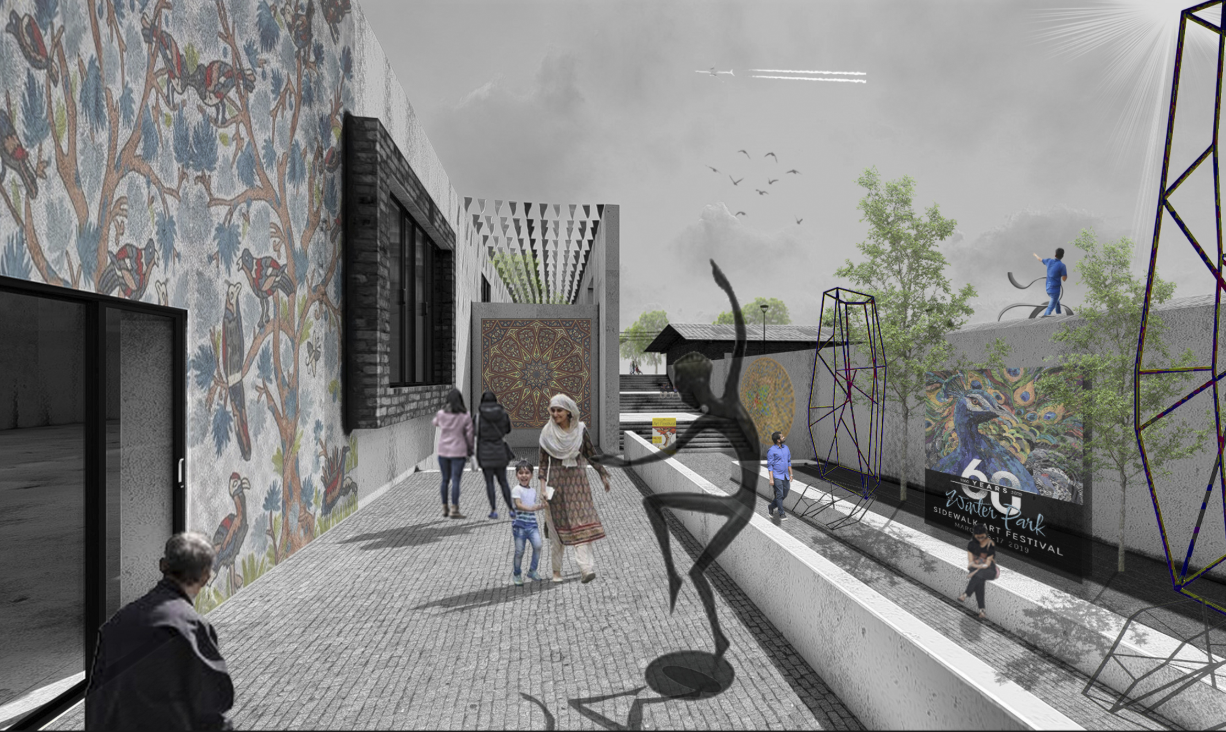 A vibrant pedestrian spine animated by murals, sculptures, and local crafts, celebrating Kashmir’s artistic identity.