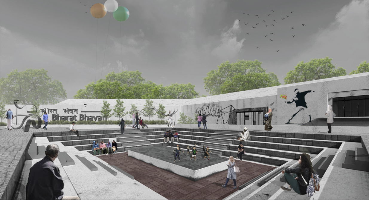 An open, stepped cultural courtyard designed as a civic platform for performance, gathering, and everyday community expression.