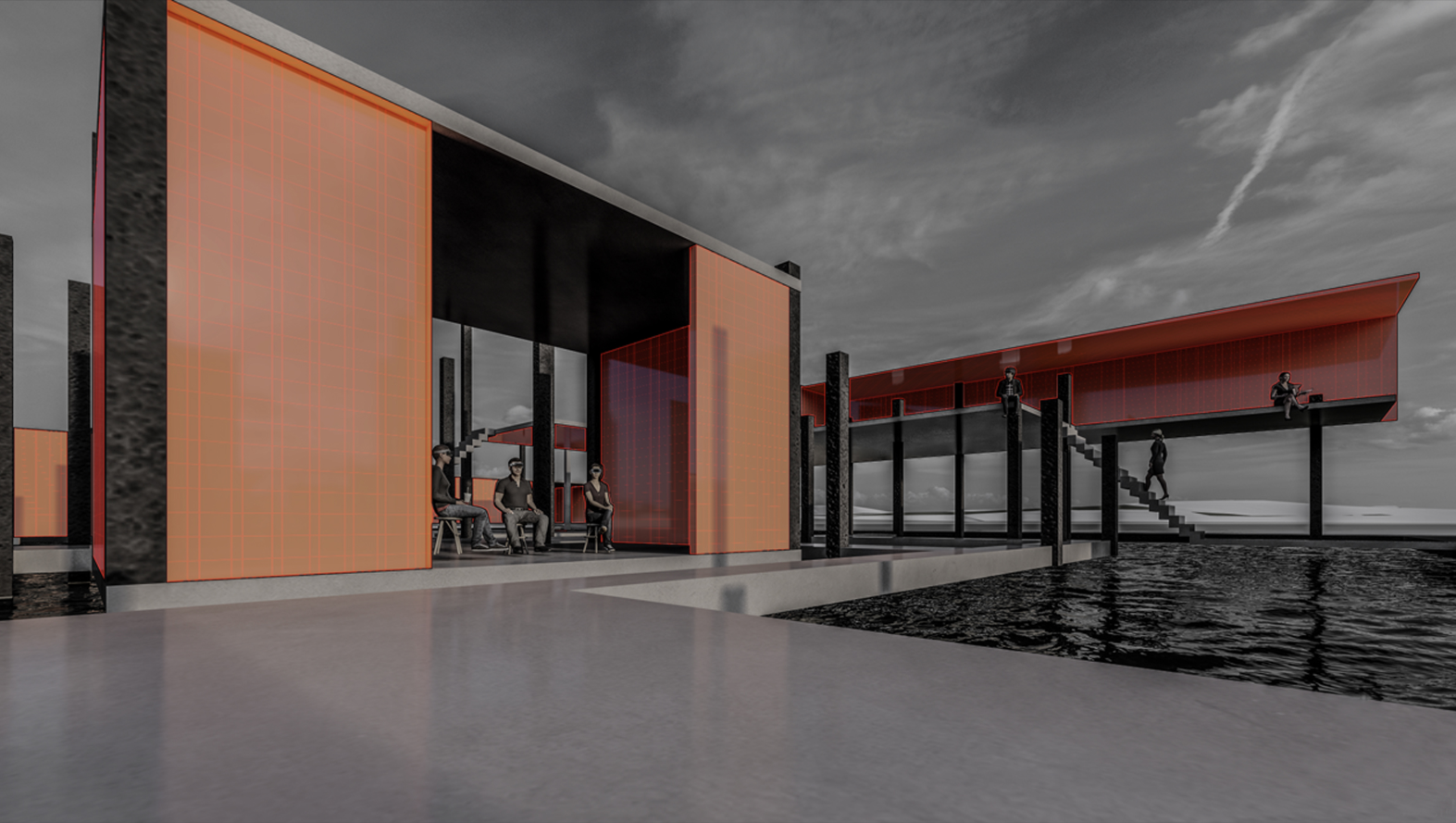 Covered waterfront terrace with orange paneled volumes and figures seated beneath a dramatic clouded sky