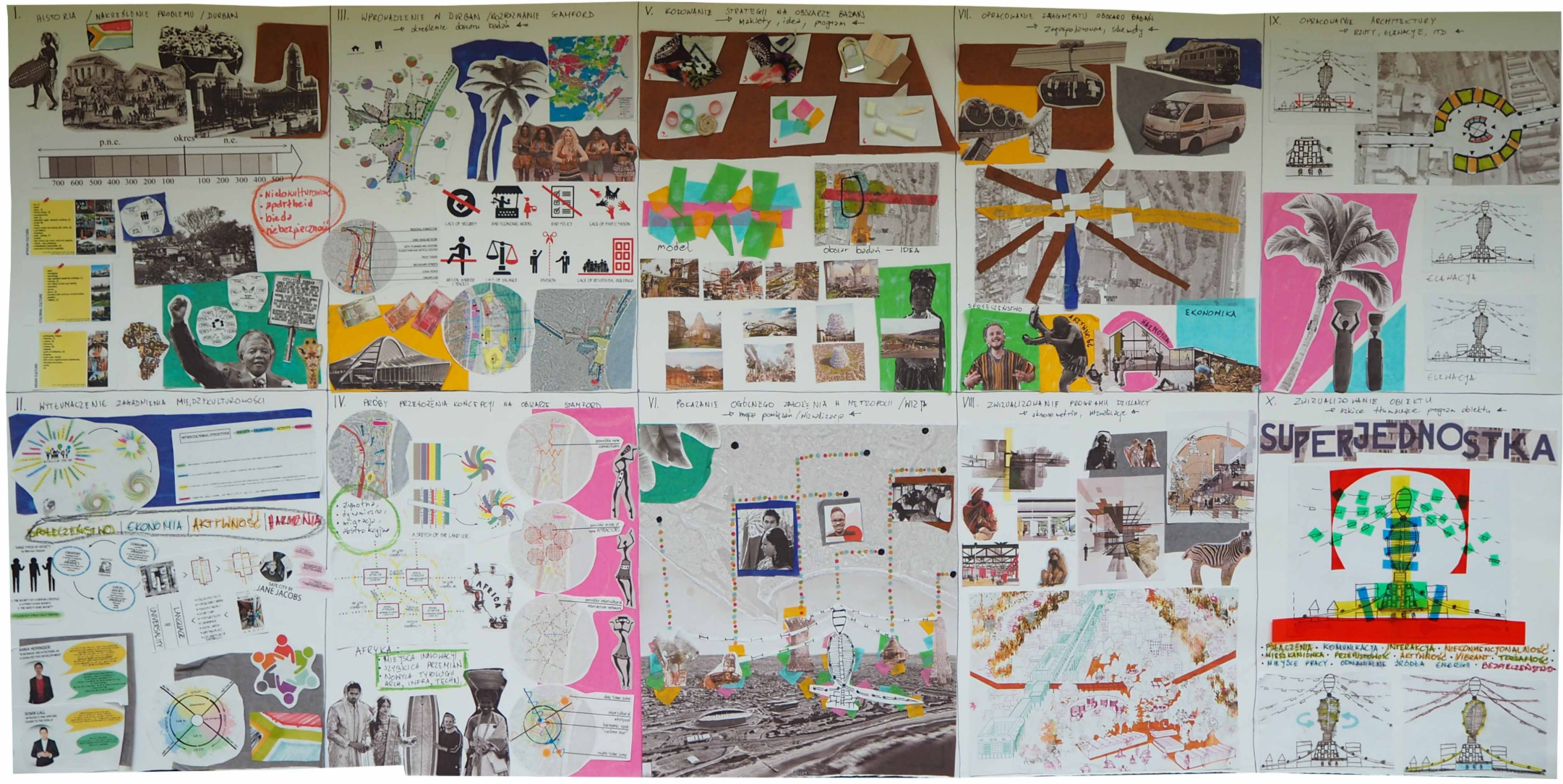 Presentation board collage showing sketches, photographs, and colorful diagrams pinned together in a grid