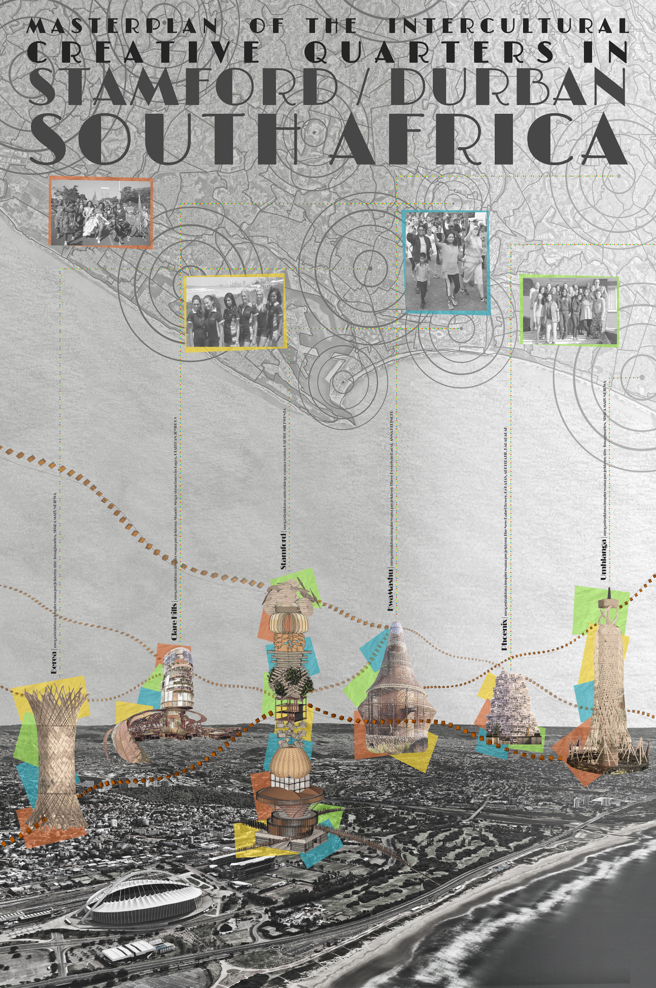 Composite drawing showing five tower structures with geometric overlays above an aerial photograph of a waterfront