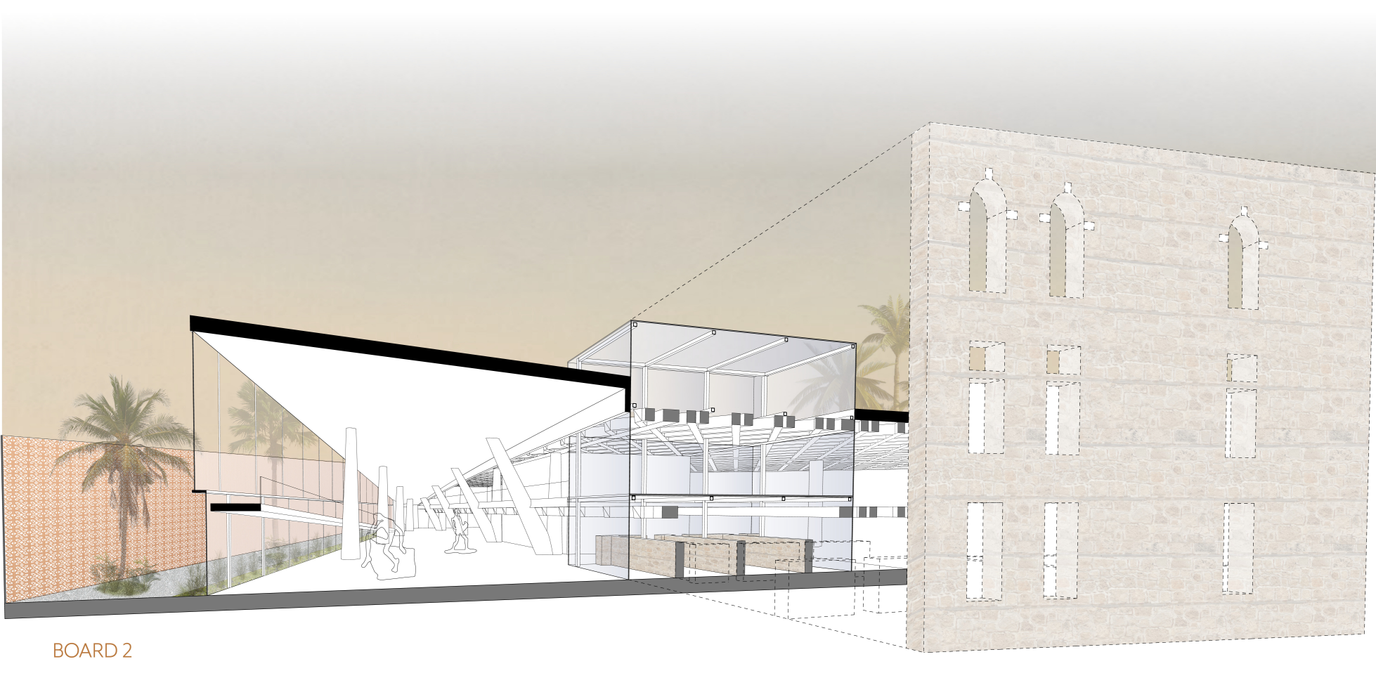 A sectional cut reveals the coexistence of preserved ruins and the new cultural building’s open, modern spatial framework.