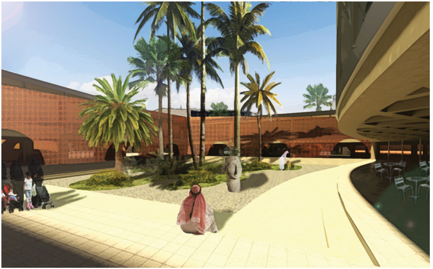 A lush sunken courtyard oasis provides a calm sanctuary, contrasting the textured copper façade that surrounds it.