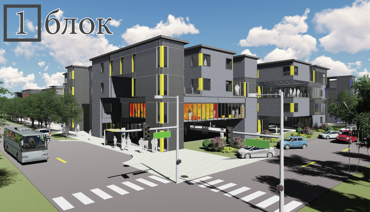 A vibrant street-level perspective highlighting the modular façade, active public edges, and pedestrian-friendly design of One Square Block.