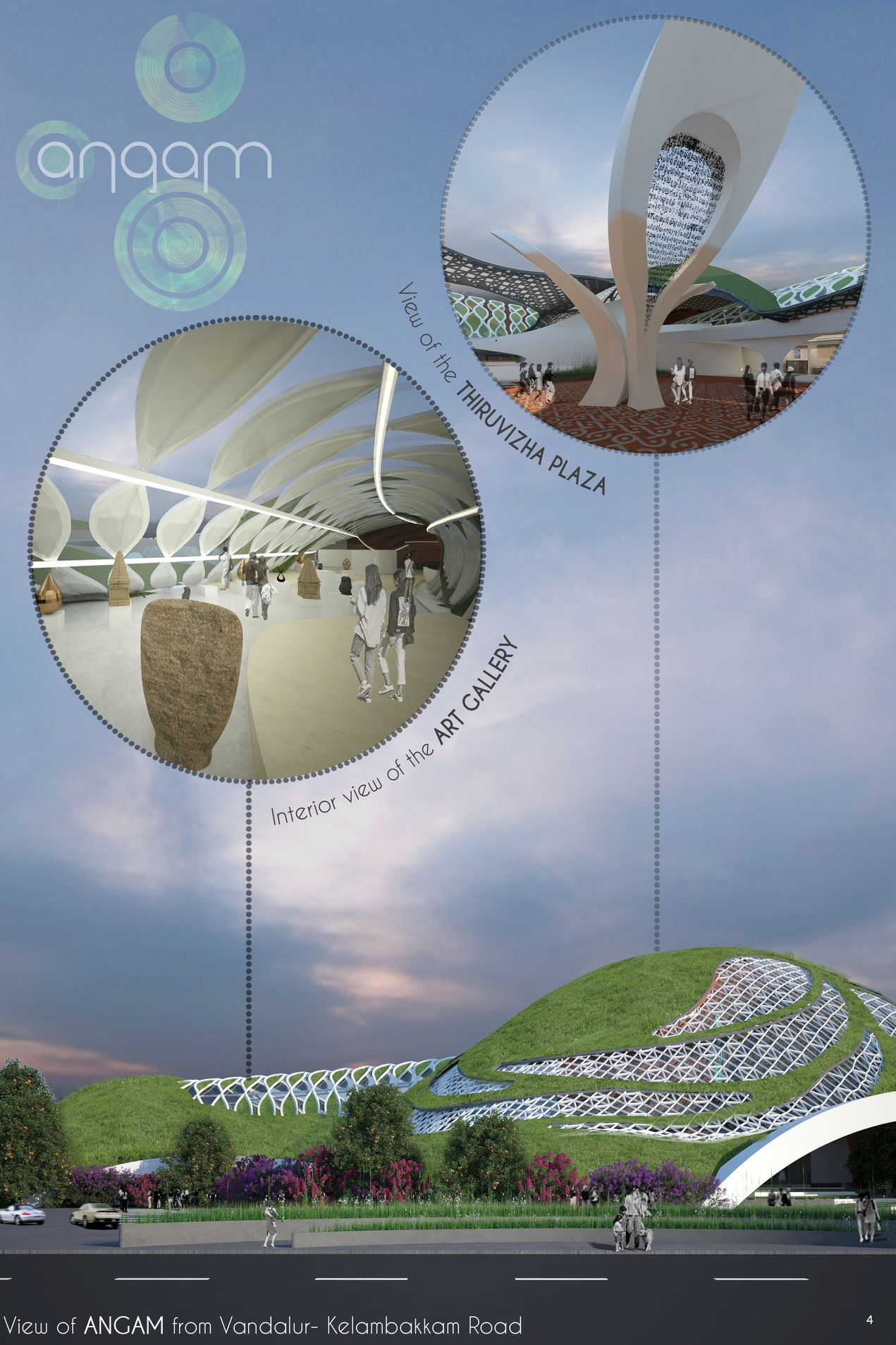 Exterior and interior perspectives highlighting the sculptural Thiruvizha Plaza centerpiece and the light-filled contemporary art gallery.