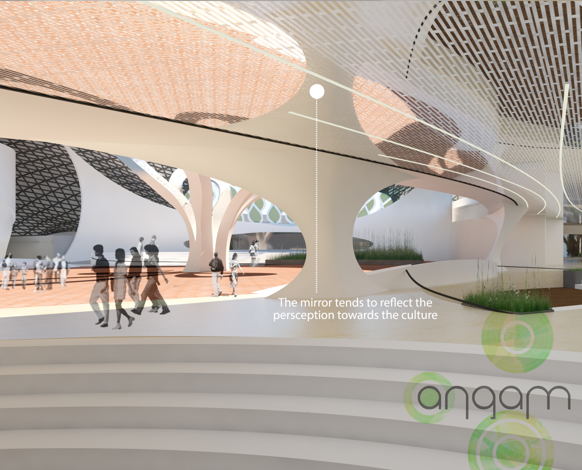 A reflective interior space where light, curvature, and mirrored surfaces reinterpret cultural perception within the architecture.