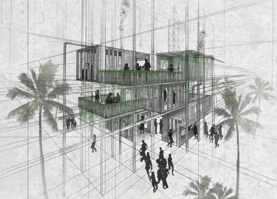 A transparent, community-driven workspace expressing growth, collaboration, and post-war urban regeneration.