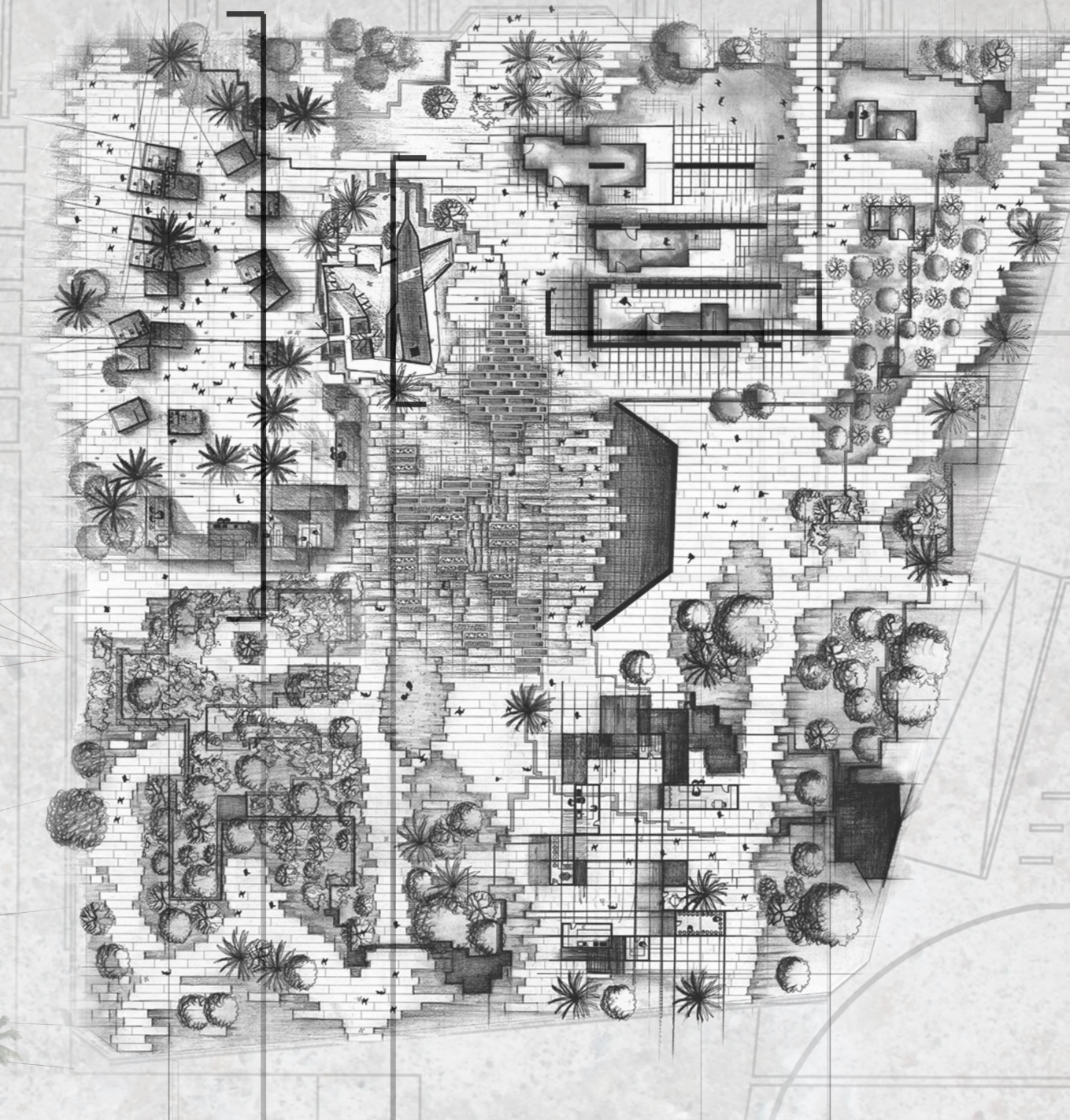 A detailed site plan illustrating the mosaic of public spaces, gardens, and pathways that frame memory and interaction.