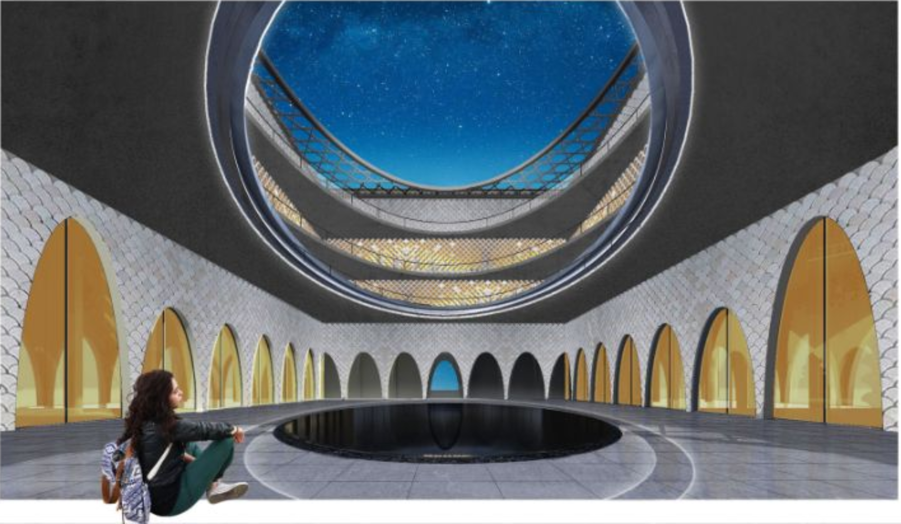 A serene circular courtyard framed by arches and a skyward opening, offering a contemplative public space.