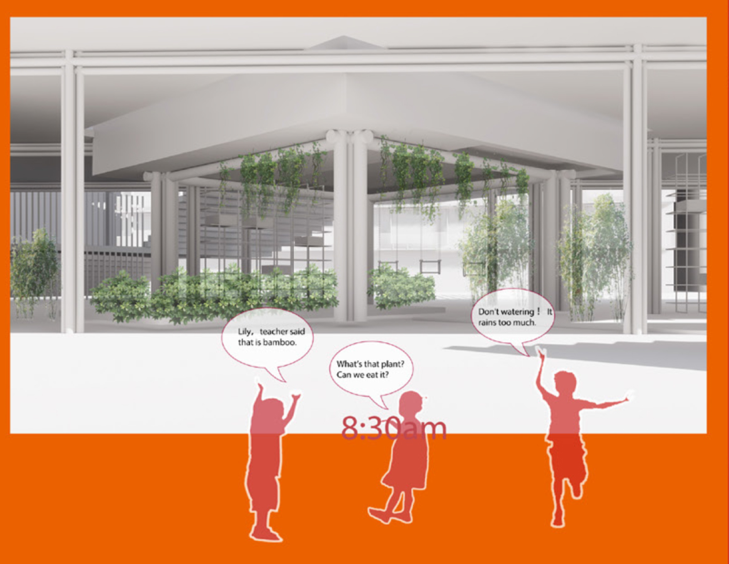 An open green courtyard introduces children to plants, climate, and nature-based learning.
