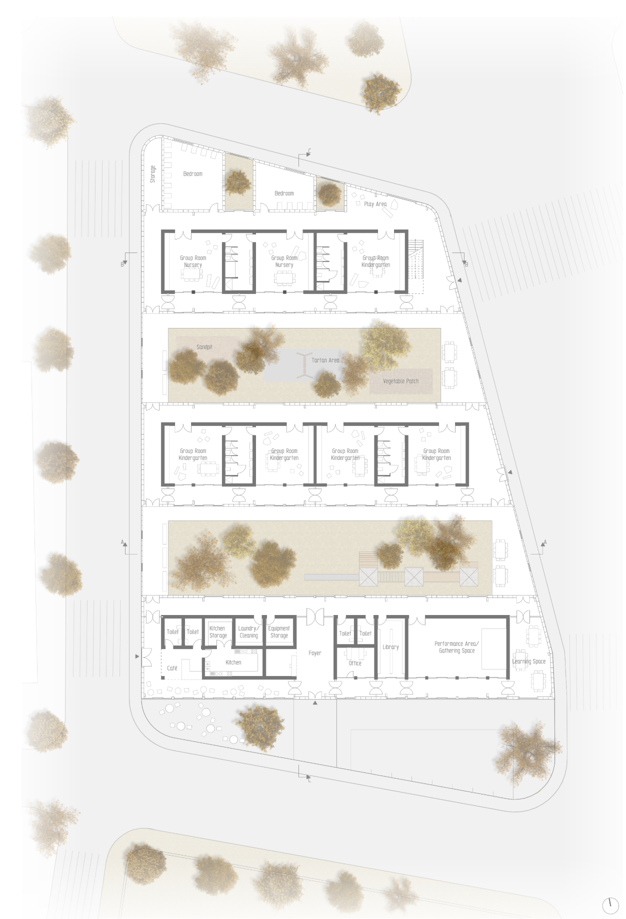 Ground floor layout organized around three open-air courtyards for light, ventilation, and play.