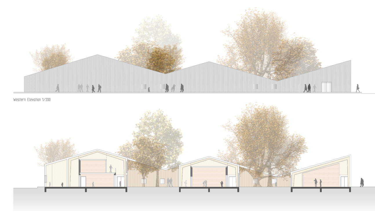 Western elevation expressing the rhythmic geometry of the pitched roofs.