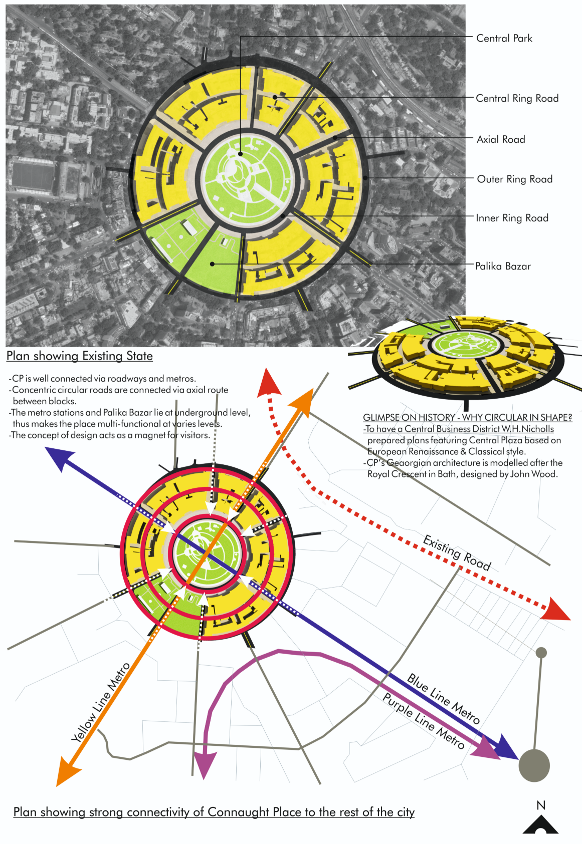 A detailed mapping of Connaught Place’s concentric road network, heritage blocks, and multi-level connectivity through metro lines and public zones.