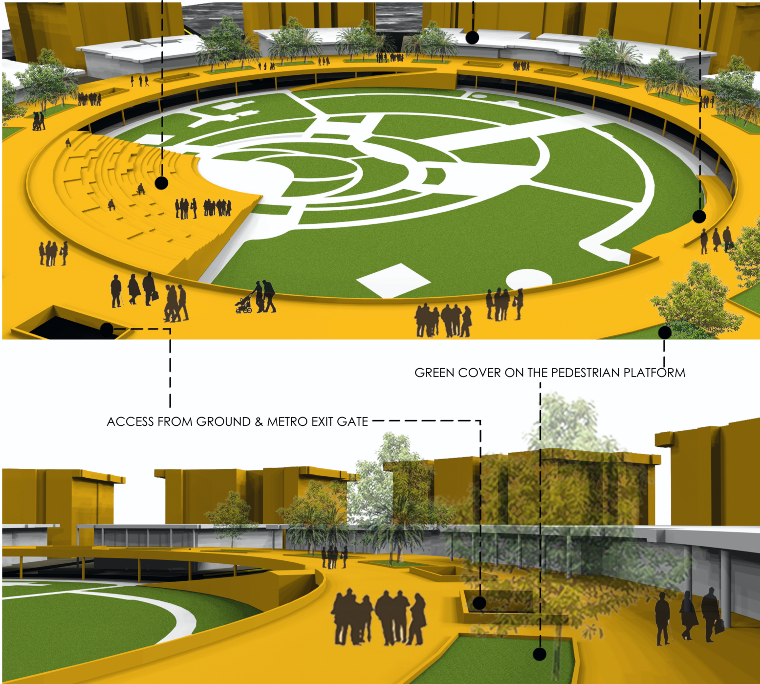 Perspective showing the elevated pedestrian loop, integrated landscaping, and amphitheatre steps connecting seamlessly to Central Park.