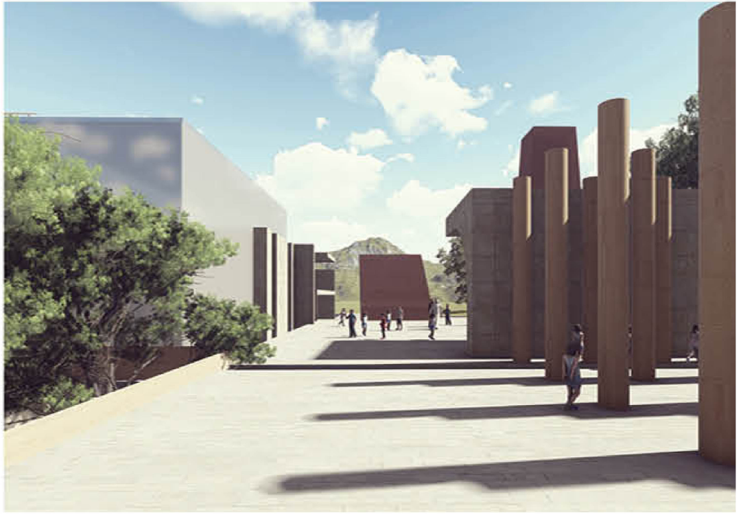 Contrasting curved and linear forms shaping a dynamic urban passage.